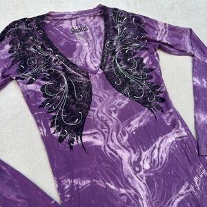 Sinful by Affliction Women's Large Purple Tie Dye Wing Graphic Y2K Top